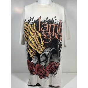 Rare Vintage Atex Lamb of God Skeleton Red Roses Ivory T Shirt Unisex SZ 3XL